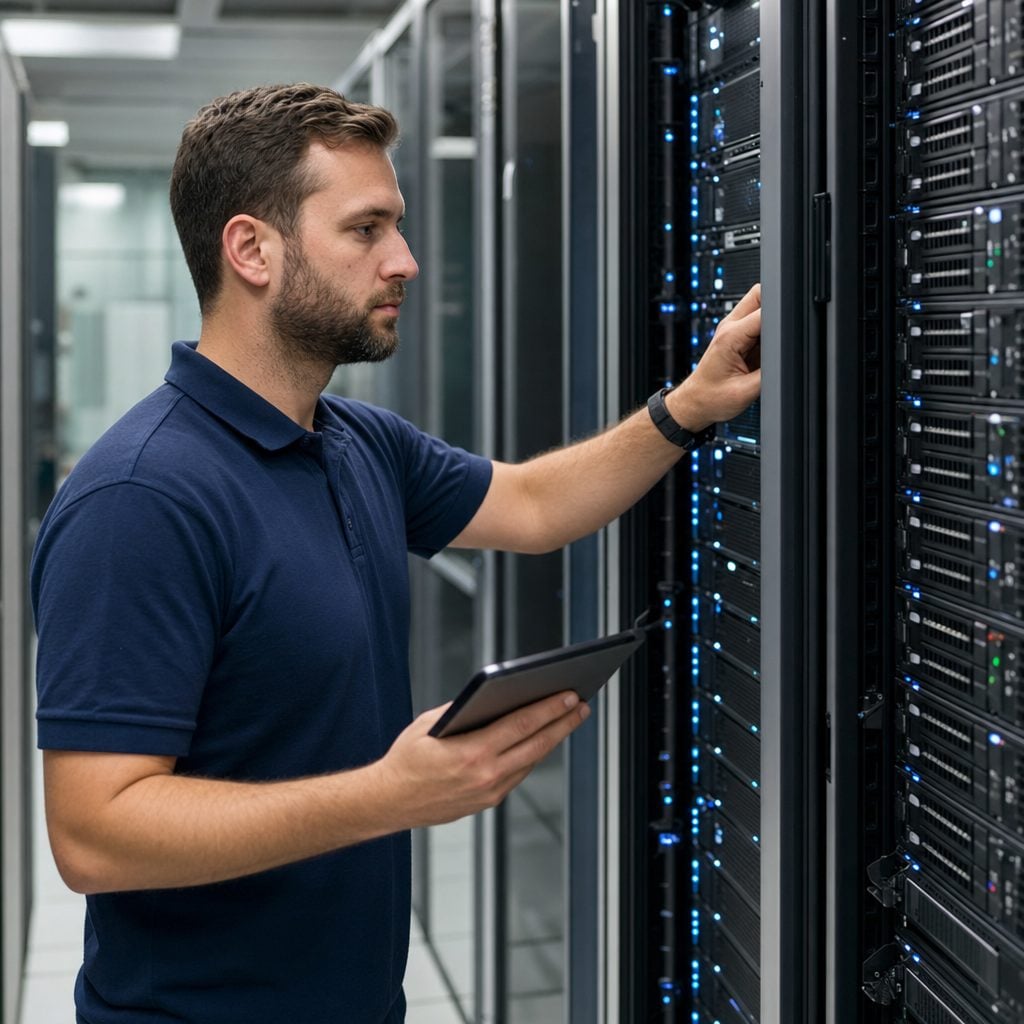 IT infrastructure engineer inspecting enterprise server racks for New York managed IT clients — Triton Technologies cybersecurity infrastructure.