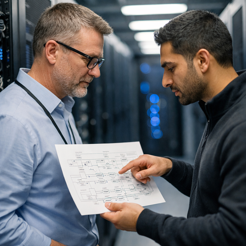 IT engineers planning managed services transition with infrastructure documentation