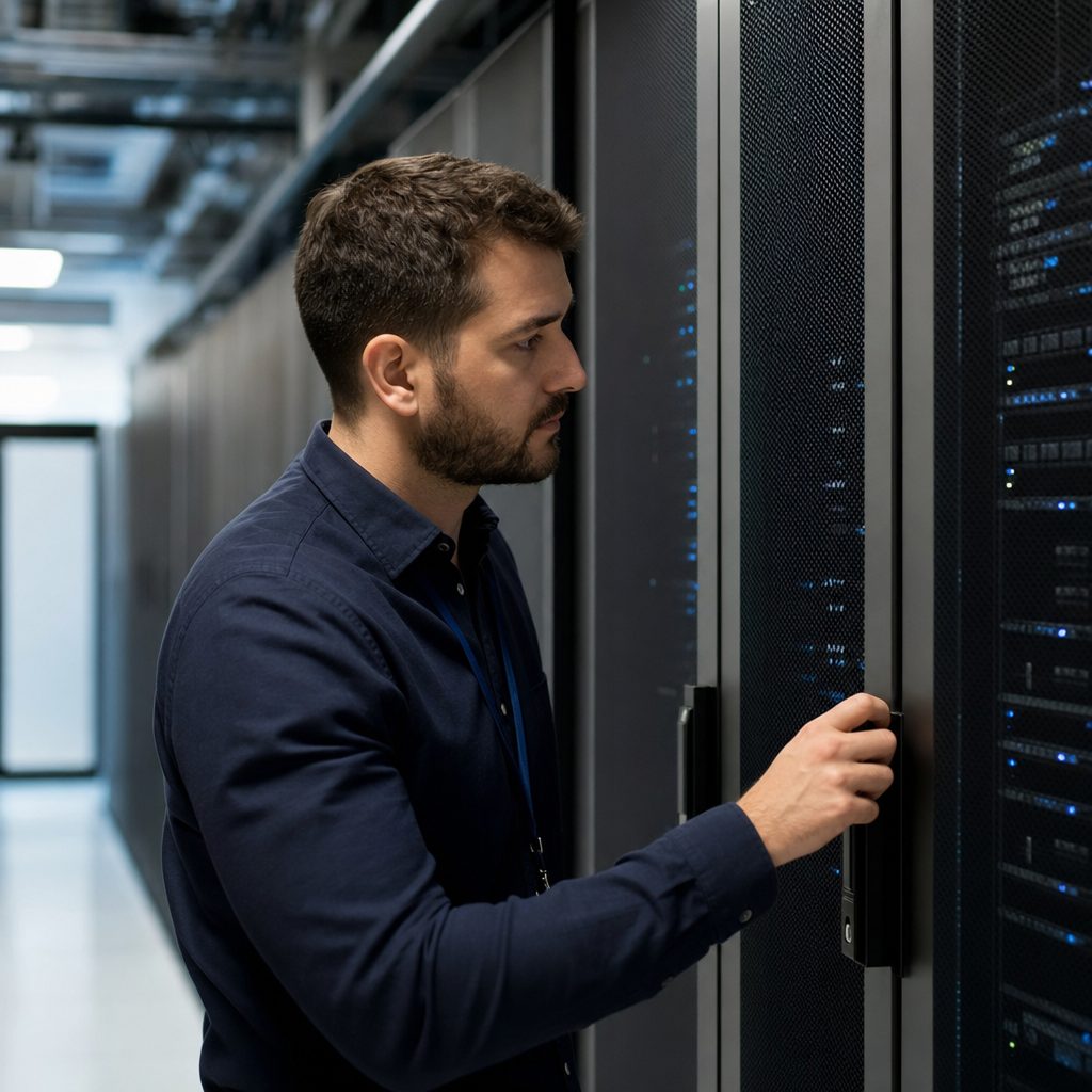 IT infrastructure engineer at server racks — Triton Technologies cybersecurity for New York, NY.