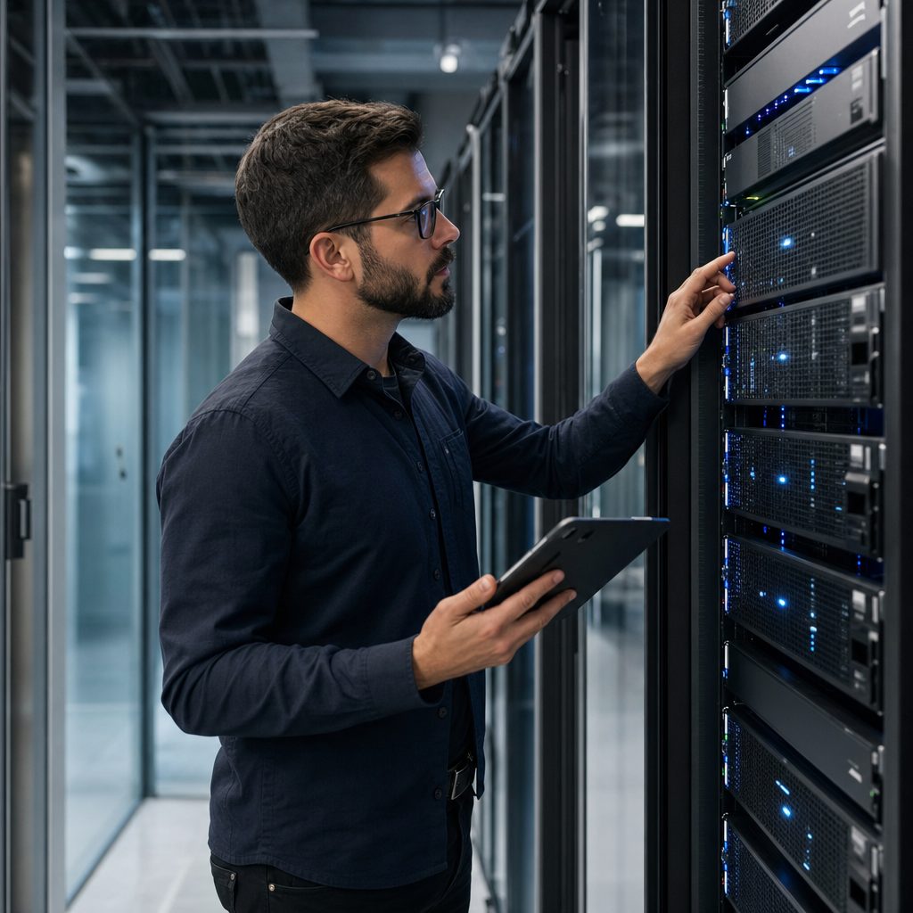 IT infrastructure engineer at server racks — Triton Technologies cybersecurity for New York, NY.