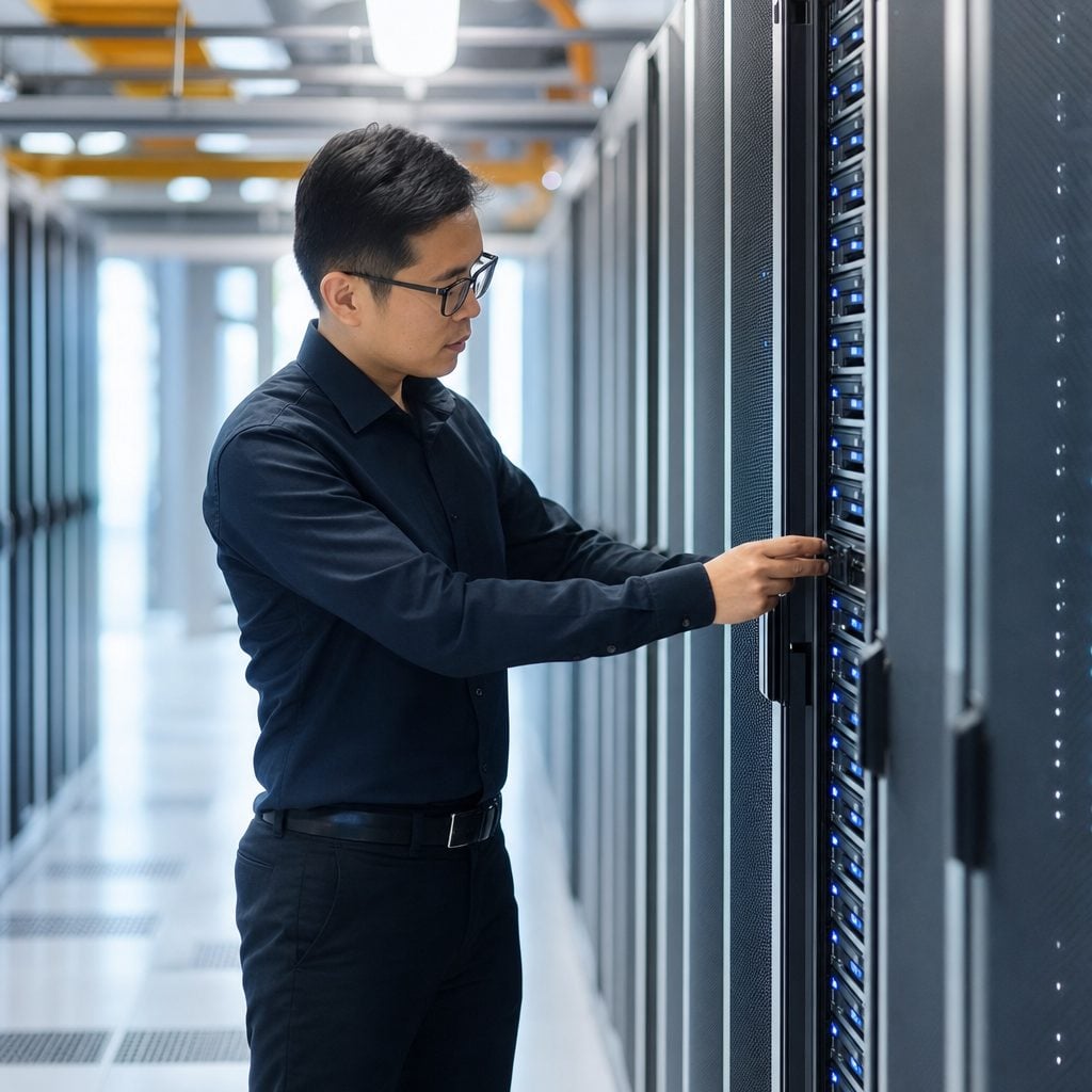IT infrastructure engineer at server racks — Triton Technologies cybersecurity for New York, NY.