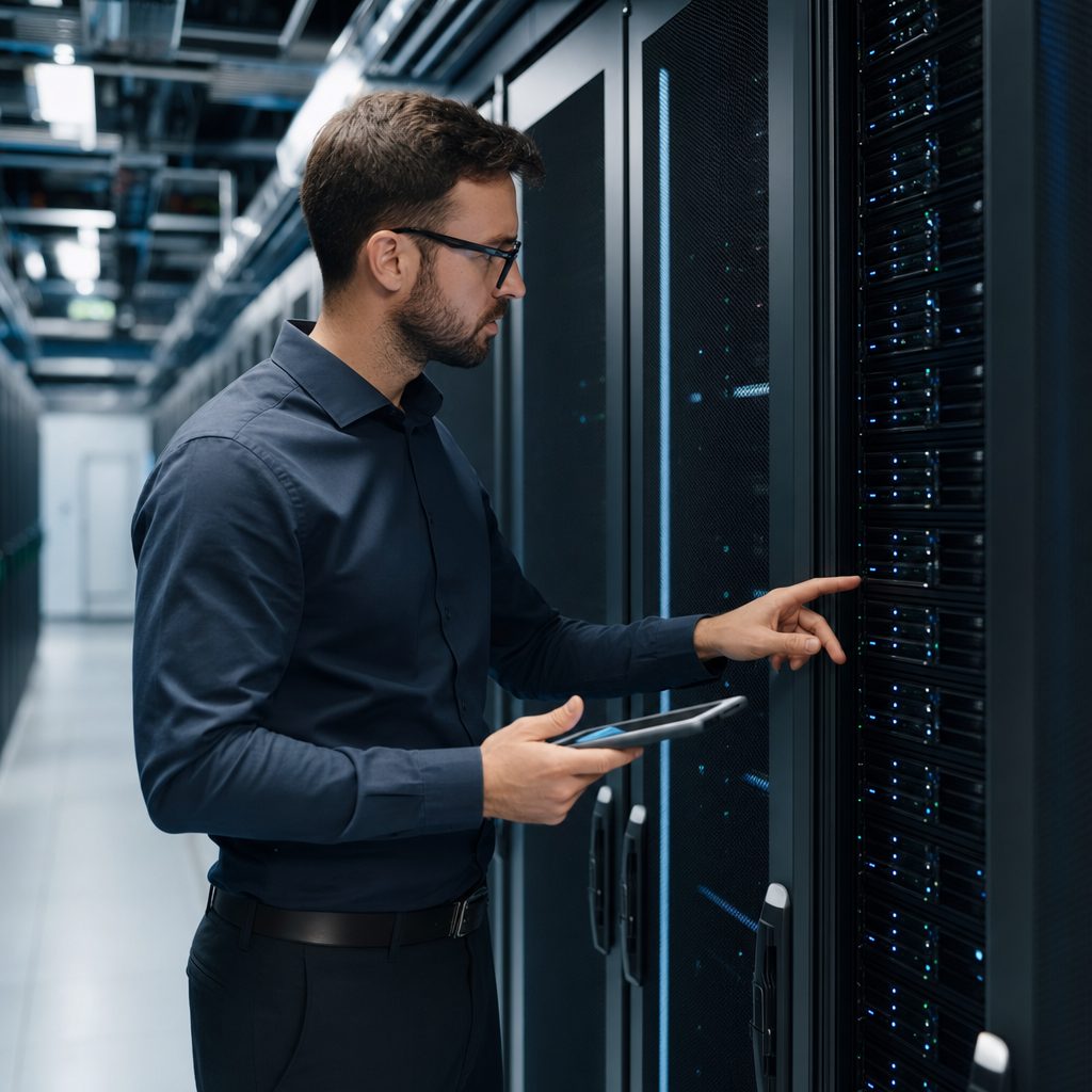 IT infrastructure engineer at server racks — Triton Technologies cybersecurity for New York, NY.