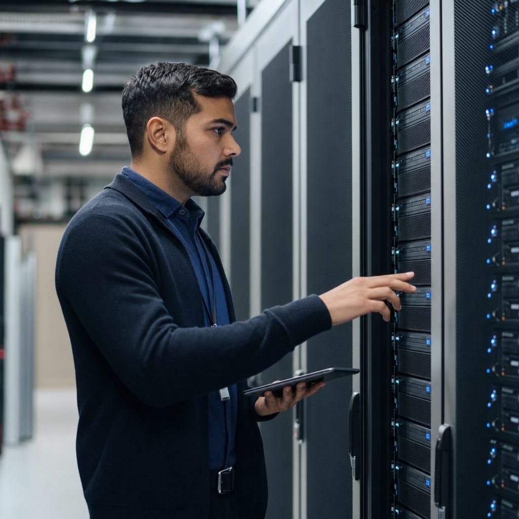 IT infrastructure engineer at server racks — Triton Technologies cybersecurity for New York, NY.