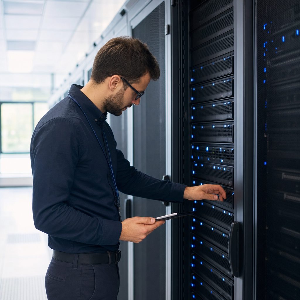 IT infrastructure engineer at server racks — Triton Technologies cybersecurity for New York, NY.