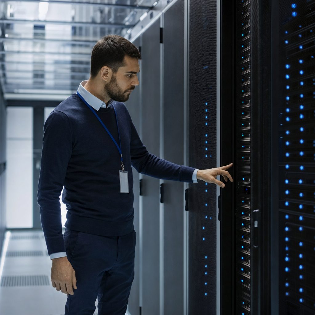 IT infrastructure engineer at server racks — Triton Technologies cybersecurity for New York, NY.
