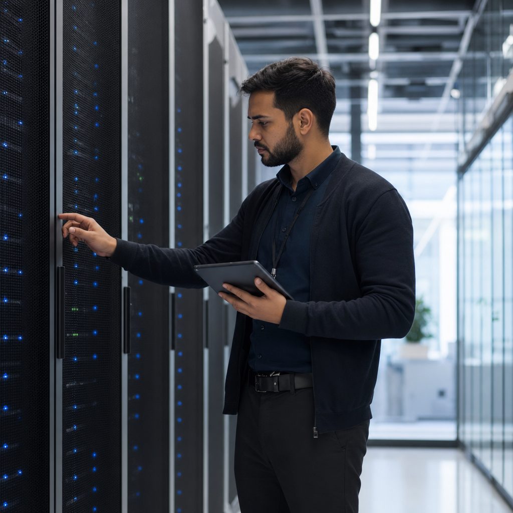 IT infrastructure engineer at server racks — Triton Technologies cybersecurity for New York, NY.