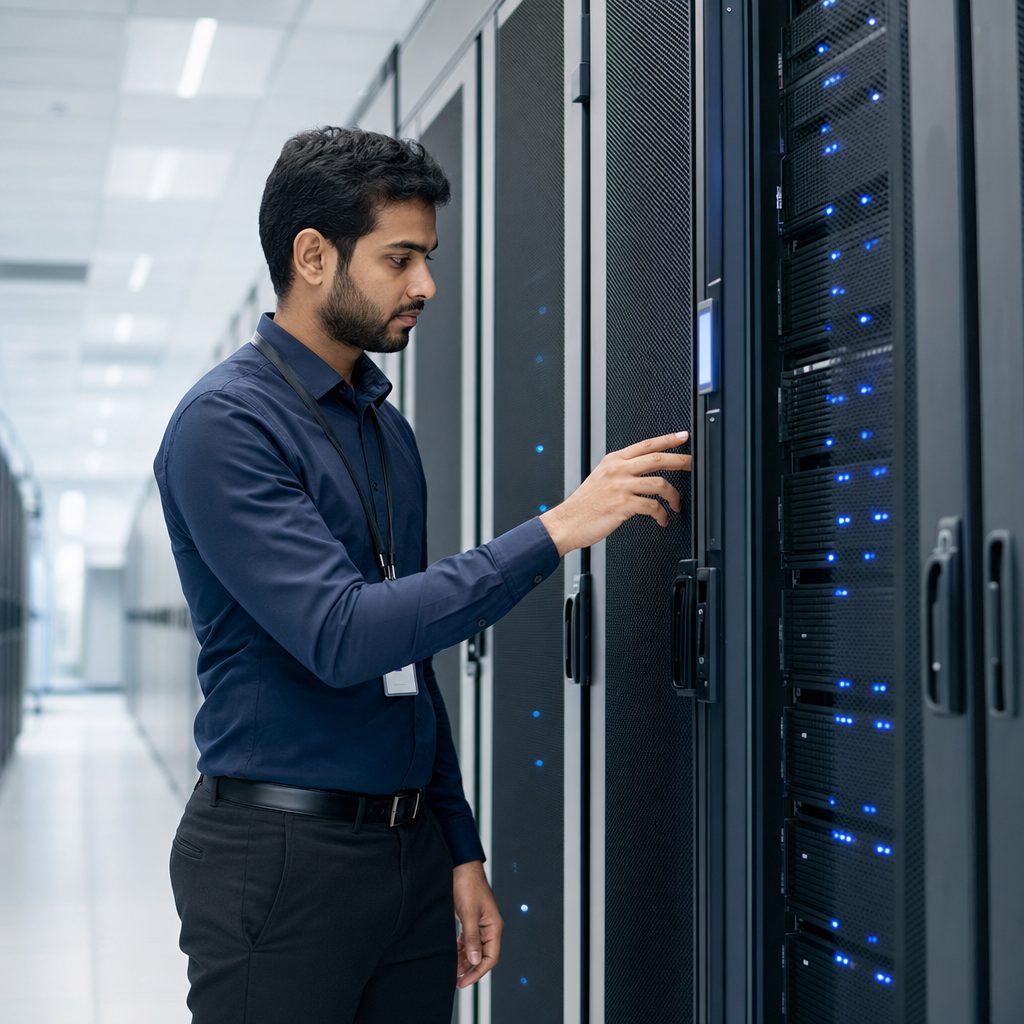 IT infrastructure engineer at server racks — Triton Technologies cybersecurity for New York, NY.