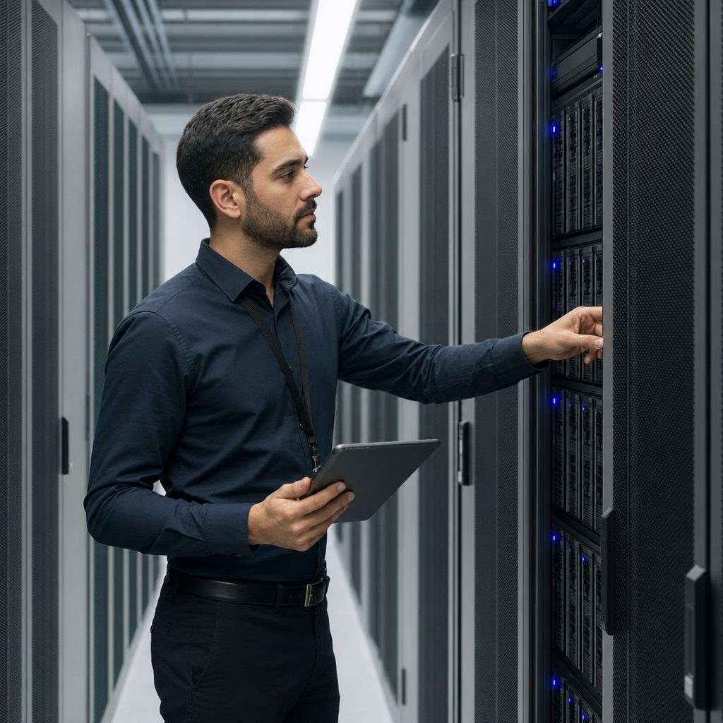 IT infrastructure engineer at server racks — Triton Technologies cybersecurity for New York, NY.