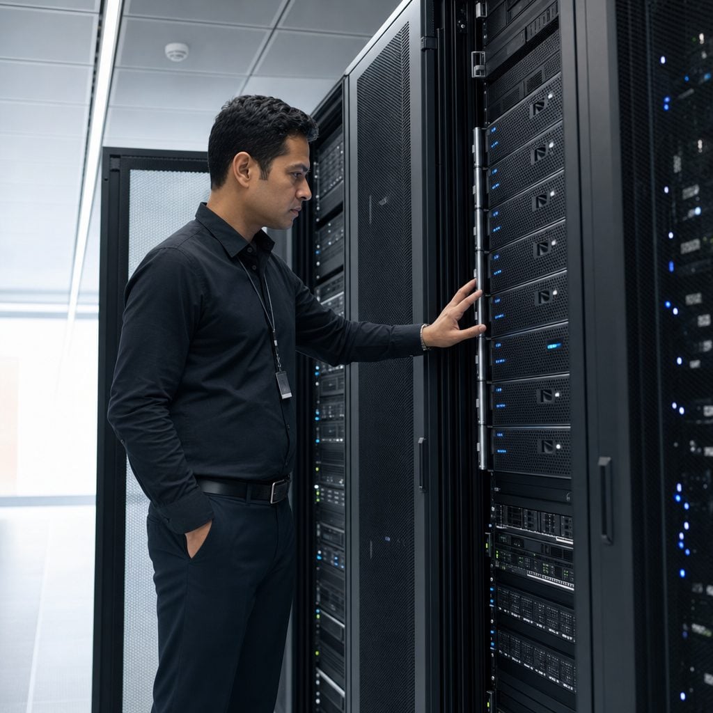 IT infrastructure engineer at server racks — Triton Technologies cybersecurity for New York, NY.