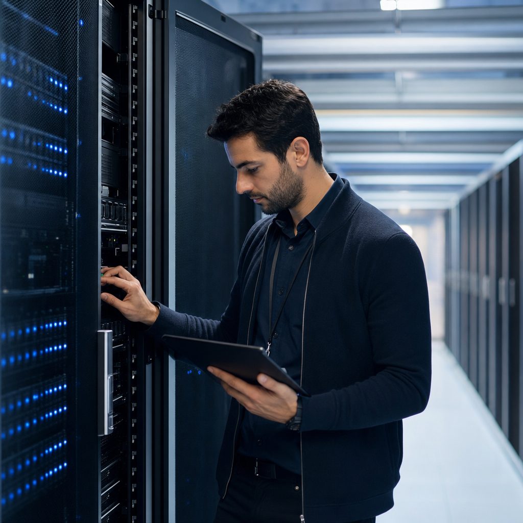 IT infrastructure engineer at server racks — Triton Technologies cybersecurity for New York, NY.