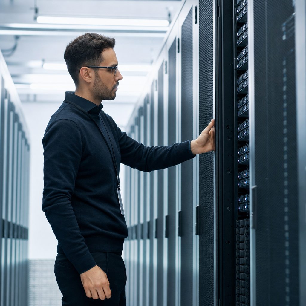 IT infrastructure engineer at server racks — Triton Technologies cybersecurity for New York, NY.