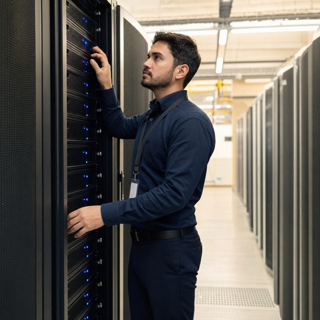 IT infrastructure engineer at server racks — Triton Technologies cybersecurity for New York, NY.