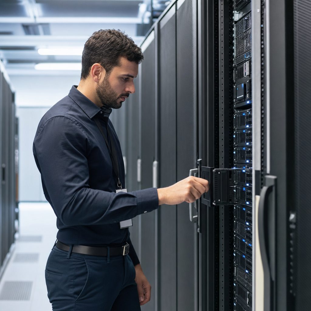 IT infrastructure engineer at server racks — Triton Technologies cybersecurity for New York, NY.