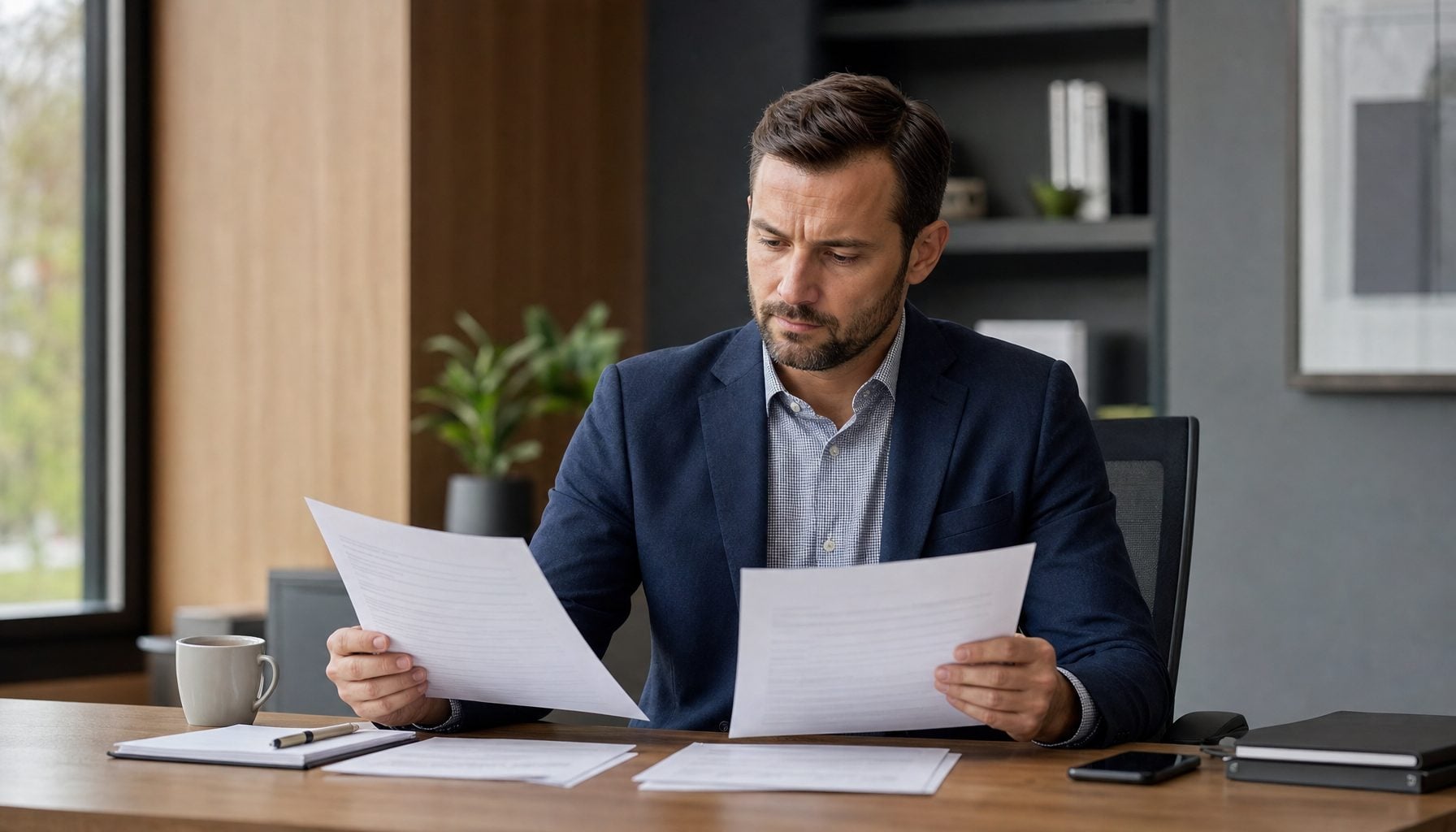 Business owner comparing managed IT service provider proposals at a desk