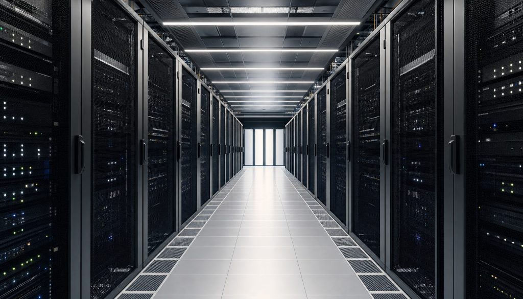 Modern data center corridor representing AI-driven cybersecurity monitoring