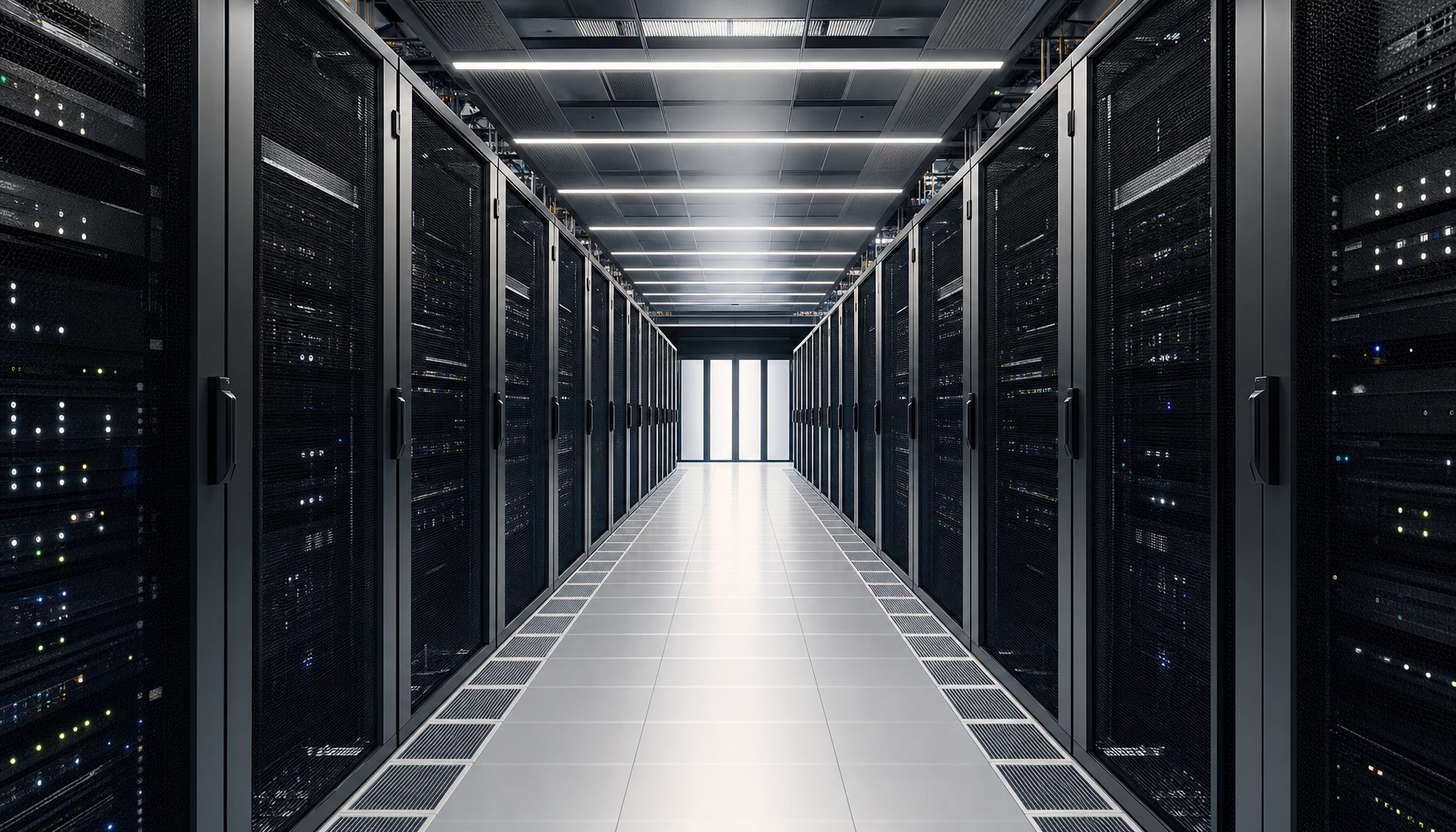 Modern data center corridor representing AI-driven cybersecurity monitoring