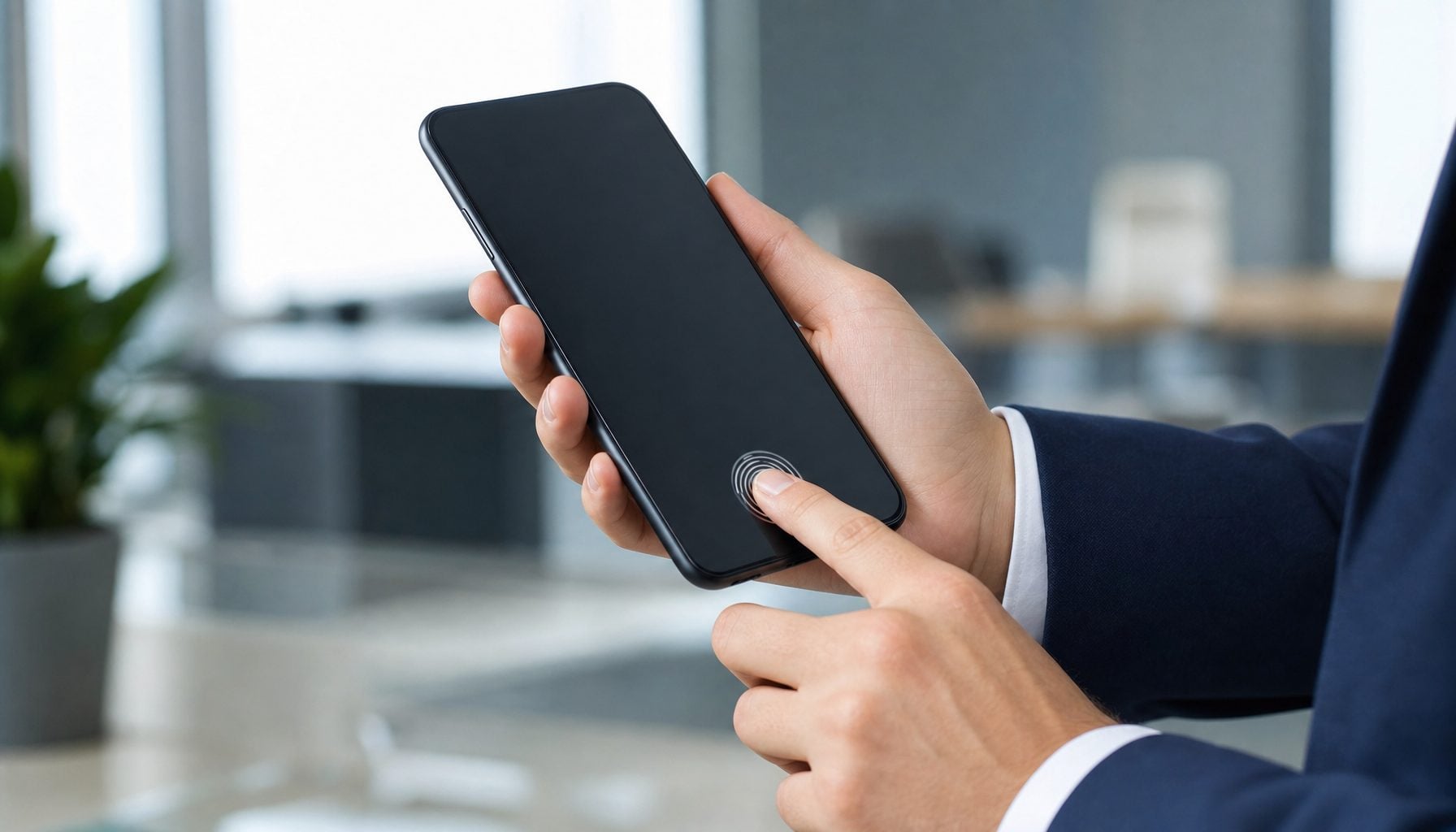 Person using fingerprint authentication on a smartphone for account security