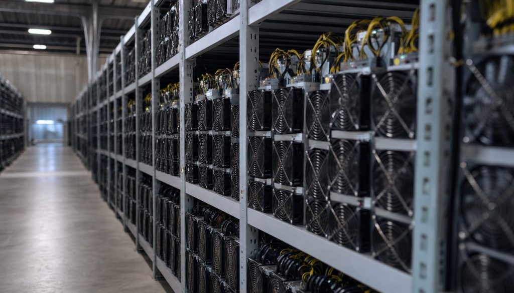 Rows of cryptocurrency mining rigs in a facility, illustrating a cryptojacking attack