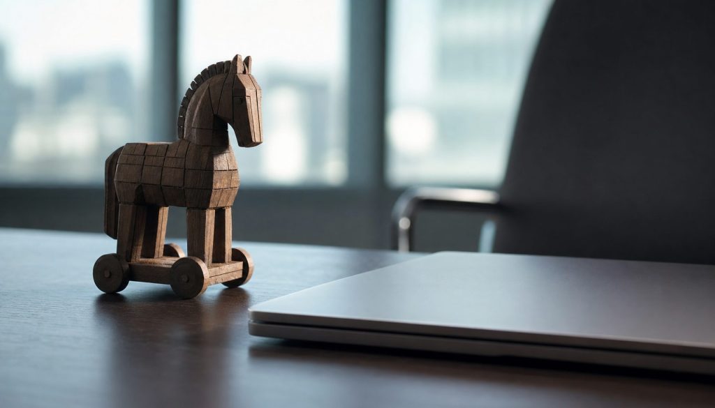A wooden trojan horse beside a laptop, representing trojan malware and a SmartScreen bypass