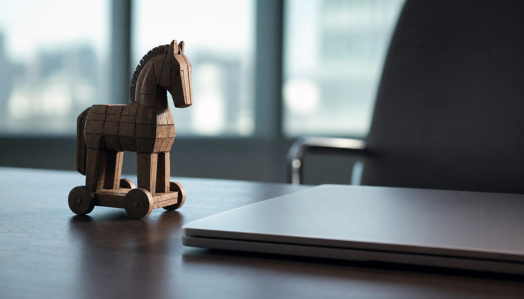 A wooden trojan horse beside a laptop, representing trojan malware and a SmartScreen bypass