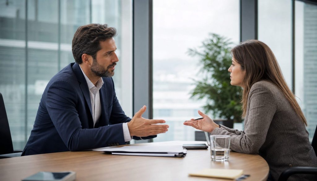 Two professionals in a tense discussion, illustrating a corporate API policy dispute