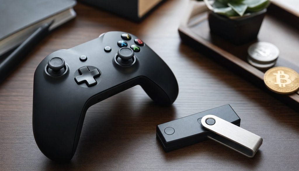 Game controller beside a hardware crypto wallet and coin, gaming token security