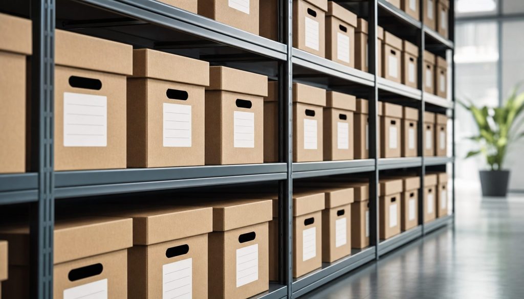 Labeled archive boxes on shelves, illustrating business communication records retention