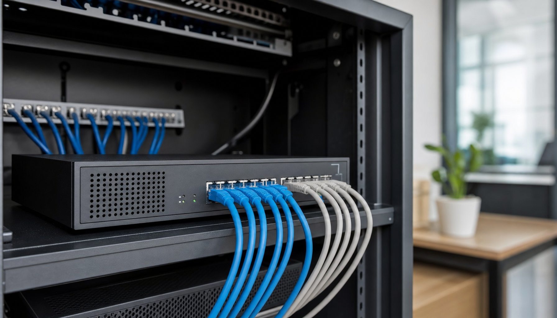 Network firewall appliance with connected cables in a small business network cabinet