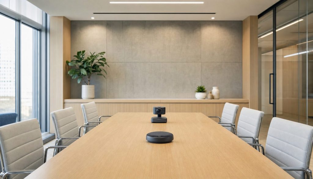 Conference room with a video conferencing camera and speakerphone for web meetings