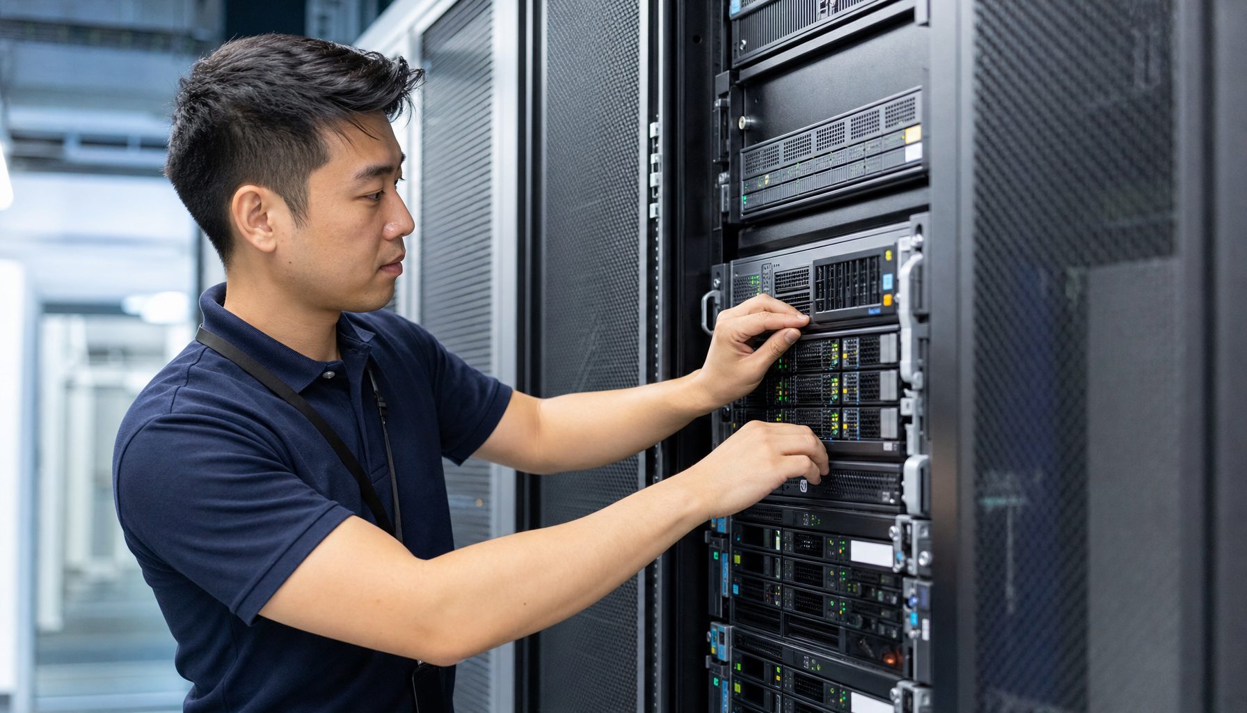 IT technician inspecting a rack server during a physical server health check