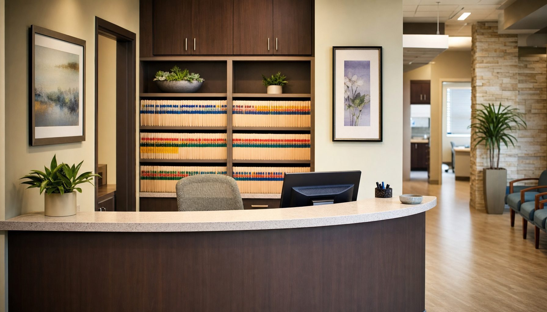 Medical practice reception desk with organized patient files, healthcare data security