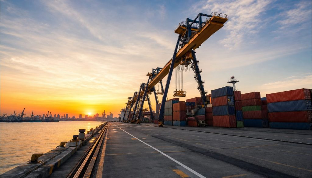 Cargo cranes and shipping containers at a commercial port at sunset