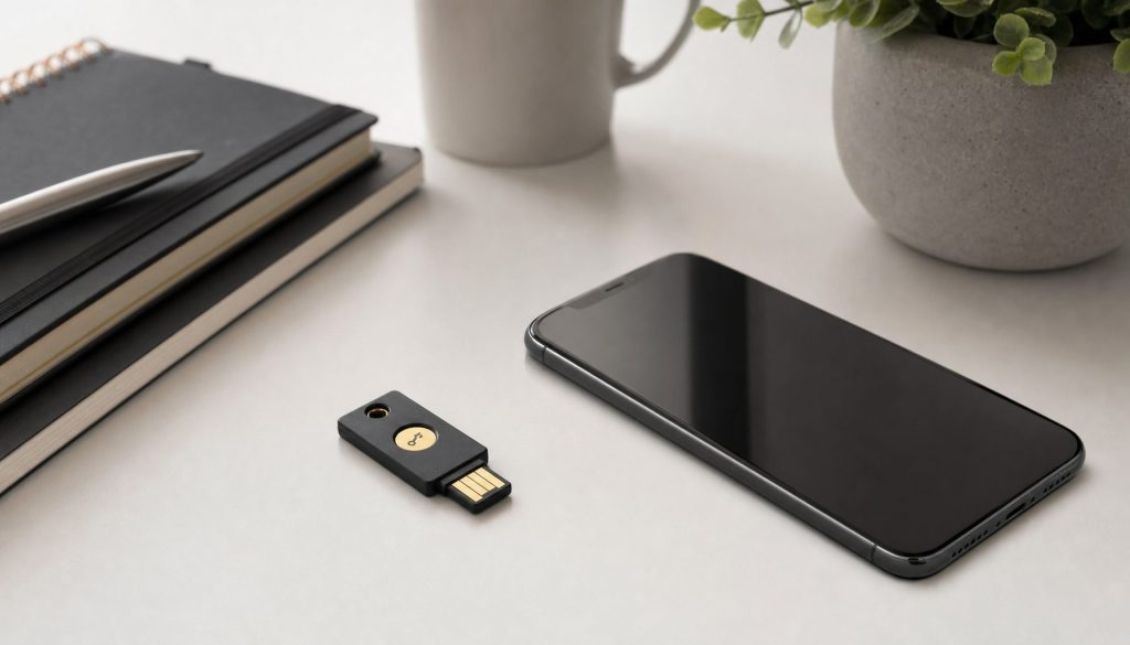 A hardware security key and smartphone on a desk, representing multi-factor authentication