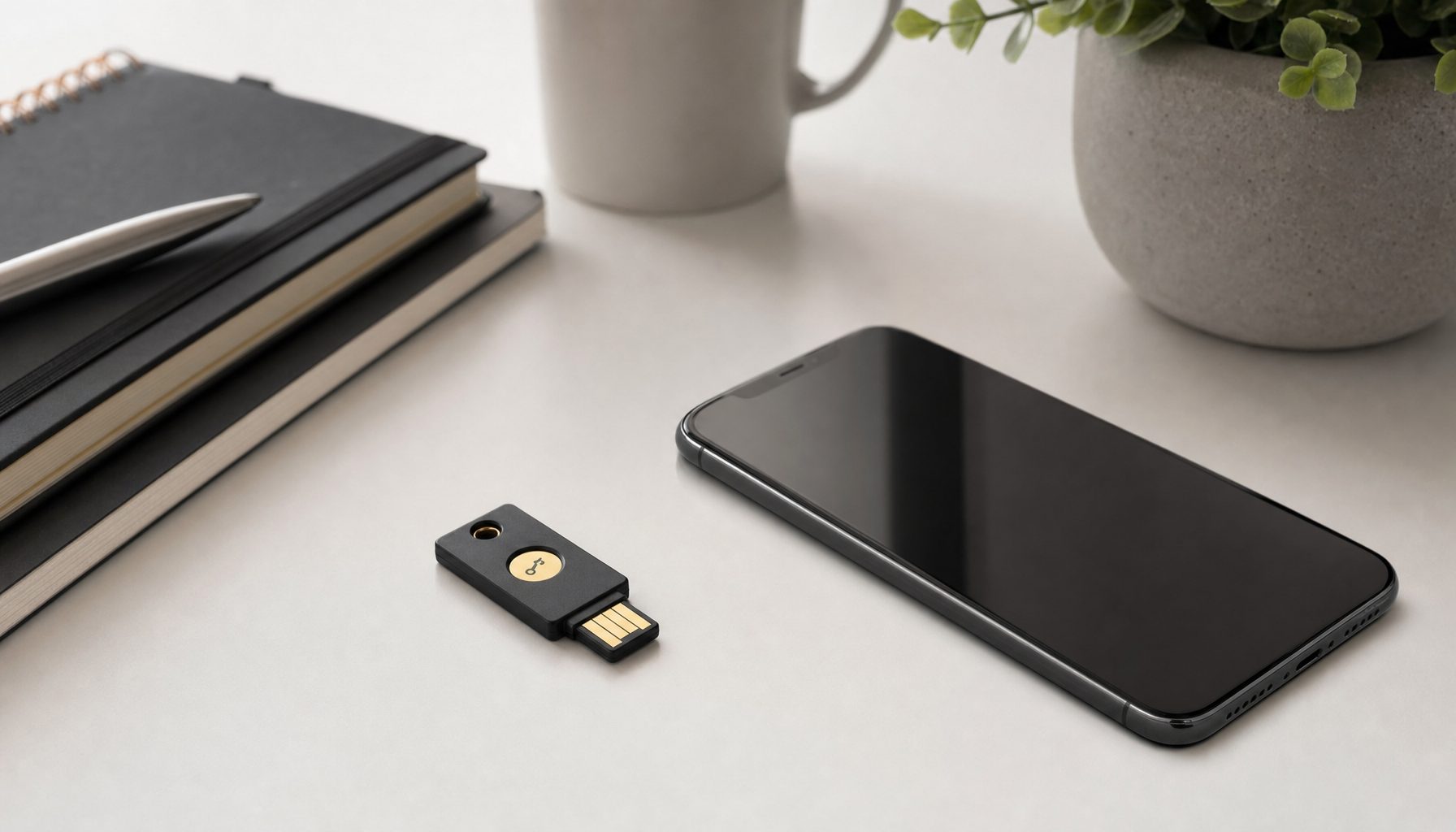 A hardware security key and smartphone on a desk, representing multi-factor authentication