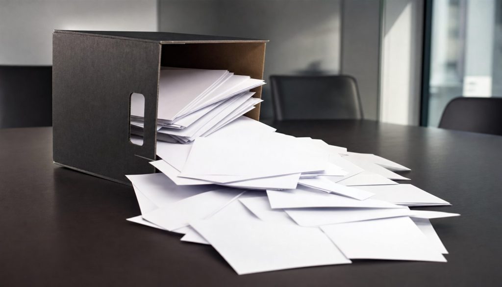 Documents spilling from an overturned box, symbolizing a data leak
