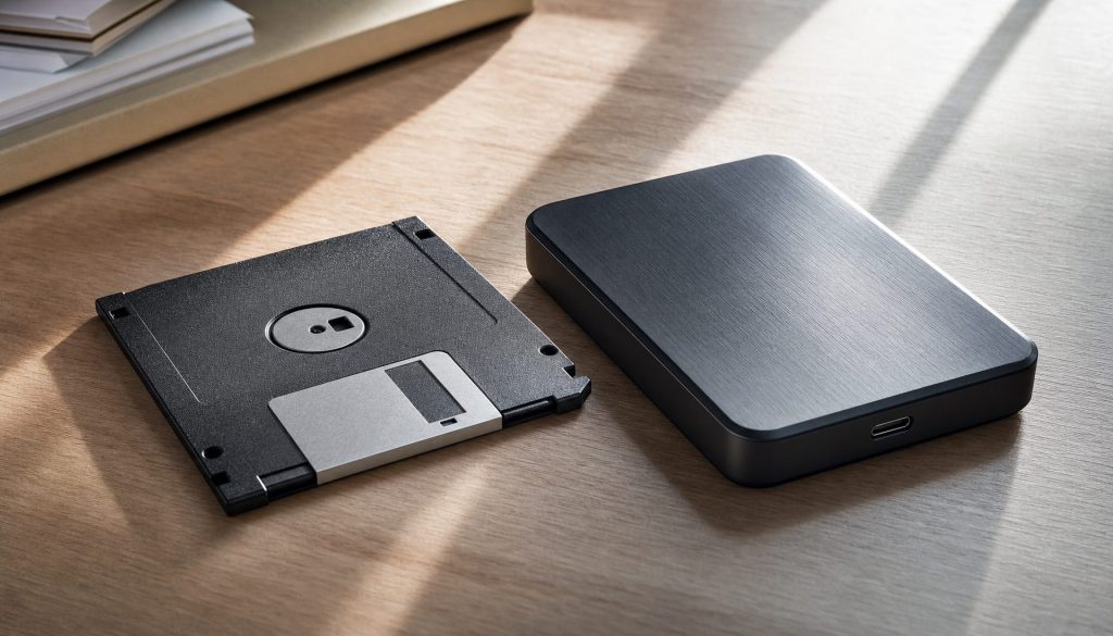 A floppy disk beside a modern external drive showing the evolution of data storage