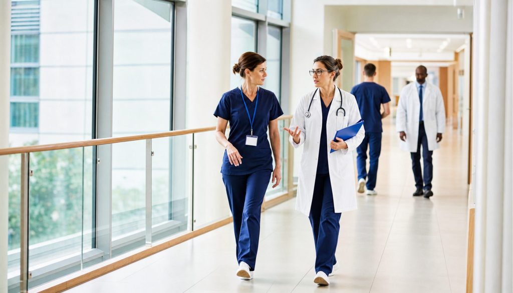Healthcare staff in a hospital corridor amid rising cyberattacks on healthcare