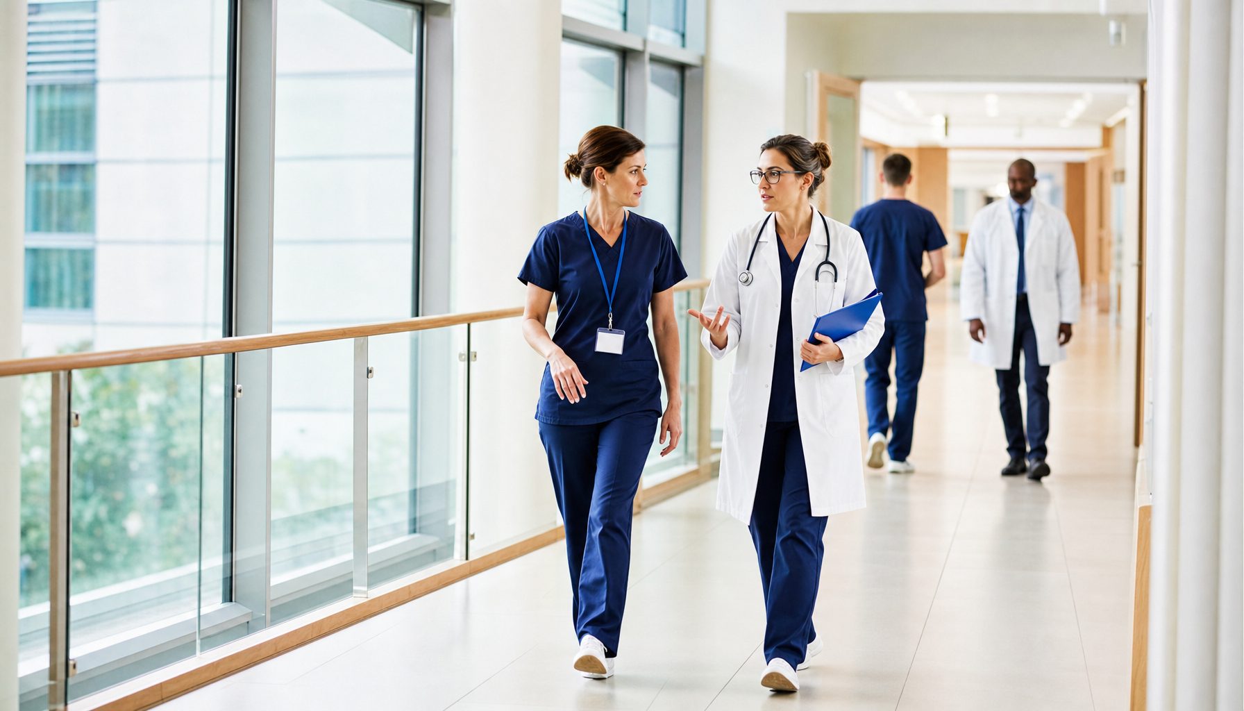 Healthcare staff in a hospital corridor amid rising cyberattacks on healthcare