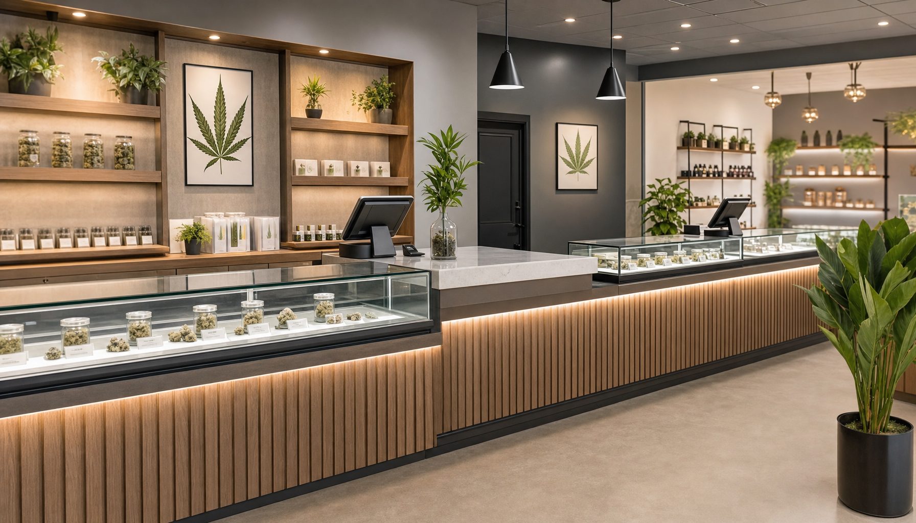 Modern cannabis dispensary retail interior with secure product display cases