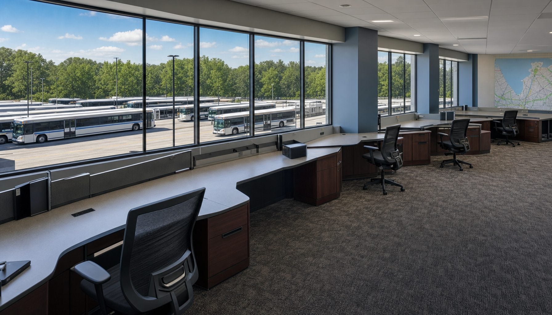 Public transit control room overlooking a bus depot for transportation cybersecurity