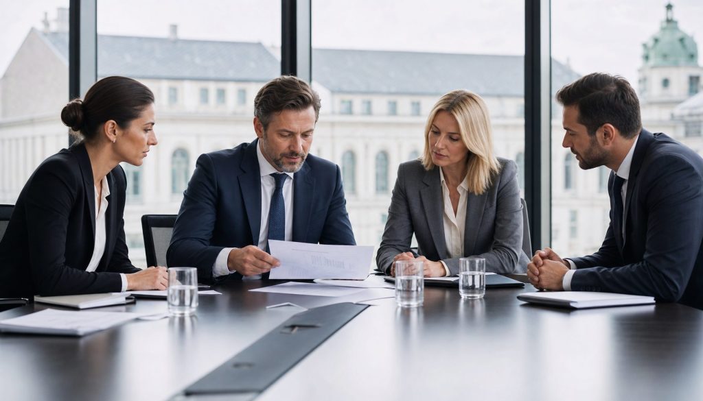 Executives reviewing a NIS2 cybersecurity compliance report in a corporate boardroom