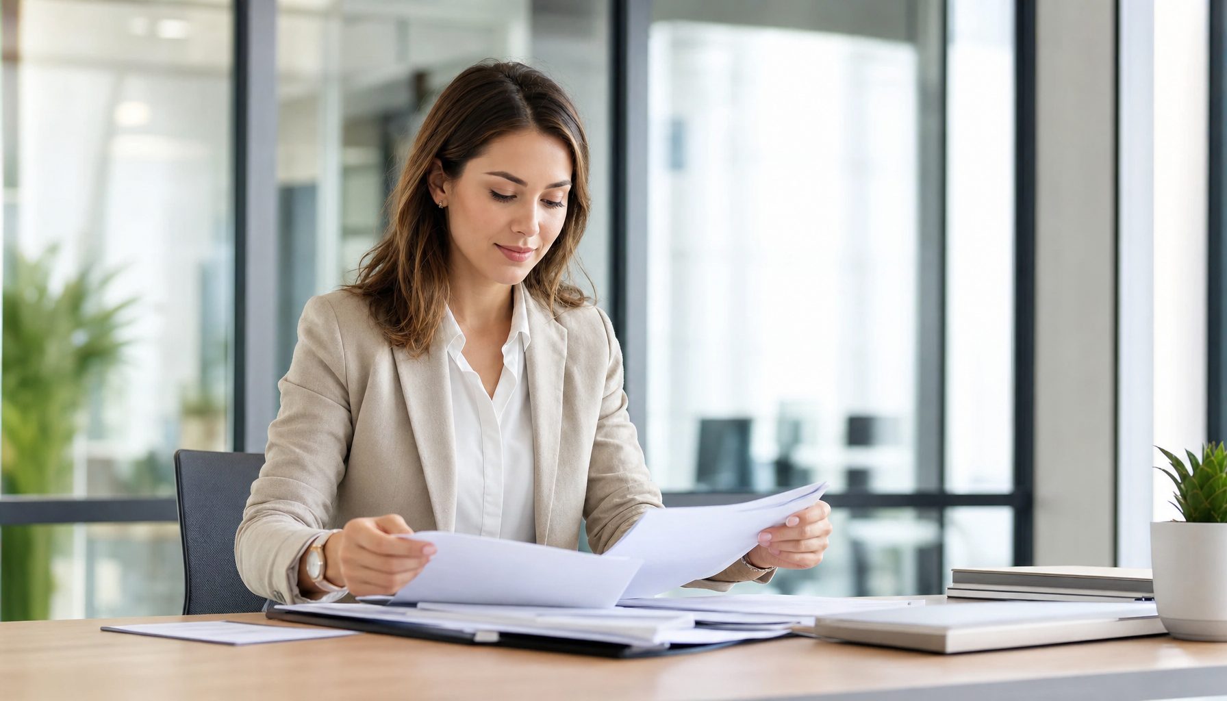 Office professional reviewing documents at a clean, distraction-free desk