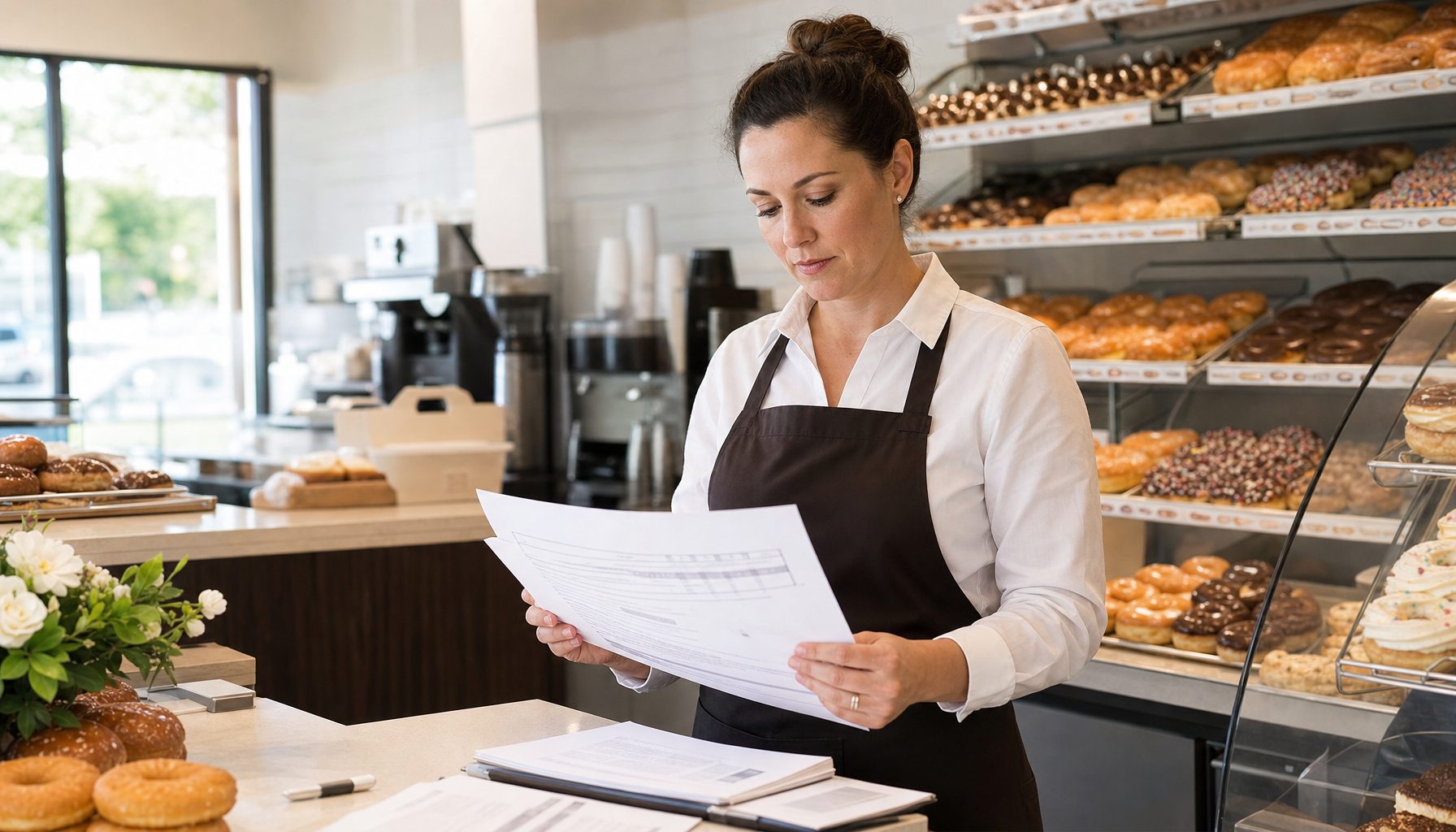 Bakery manager reviewing operational paperwork in a retail donut shop