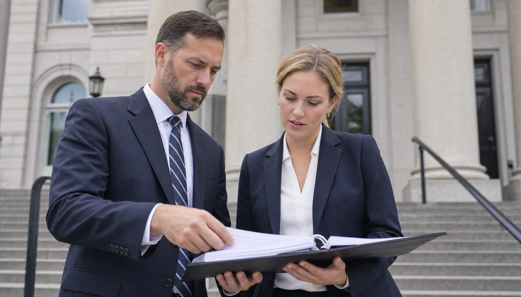 Two professionals reviewing a security audit binder outside a government building