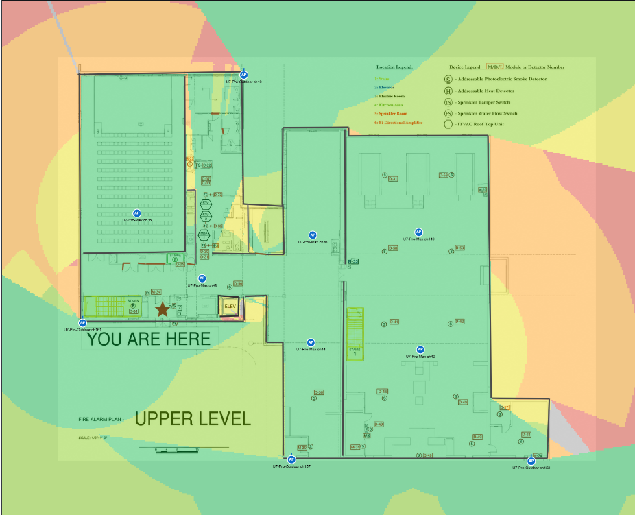 Floor plan of the upper level showing room outlines, color-coded zones, and a 'YOU ARE HERE' marker.