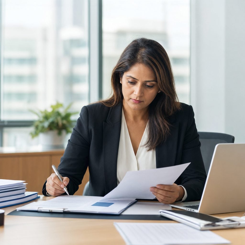 Compliance officer reviewing audit and policy documents at a desk