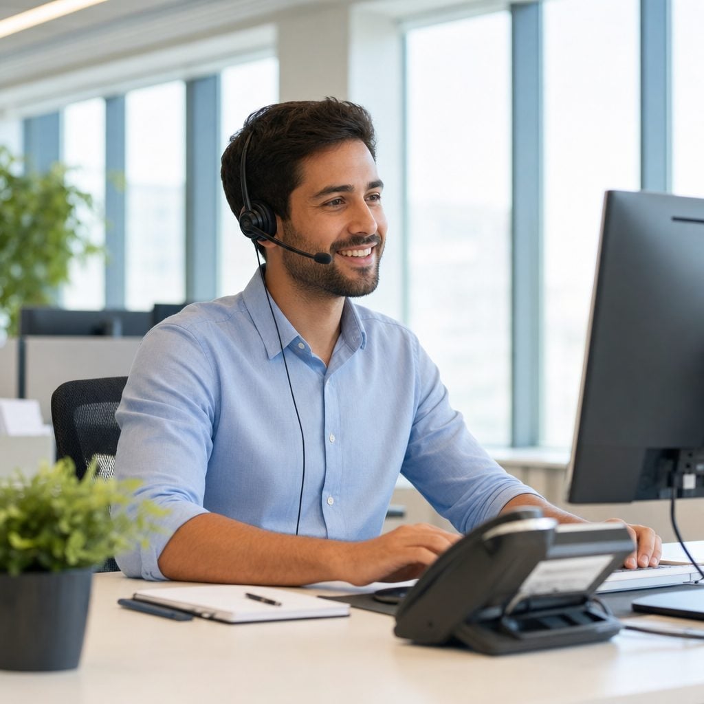 IT support technician with a headset assisting clients at a help desk