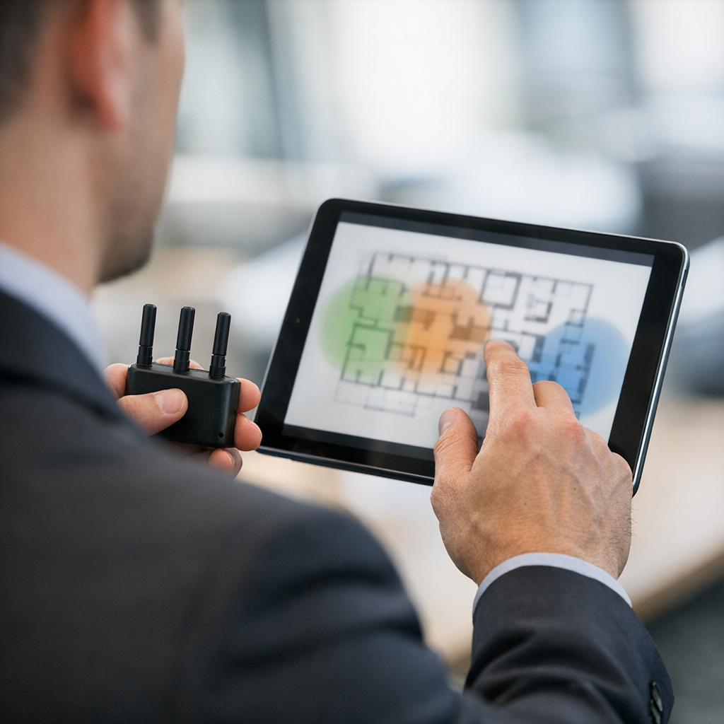 Technician operating a tablet wireless mapping app while holding a three-antenna Wi-Fi device in an office