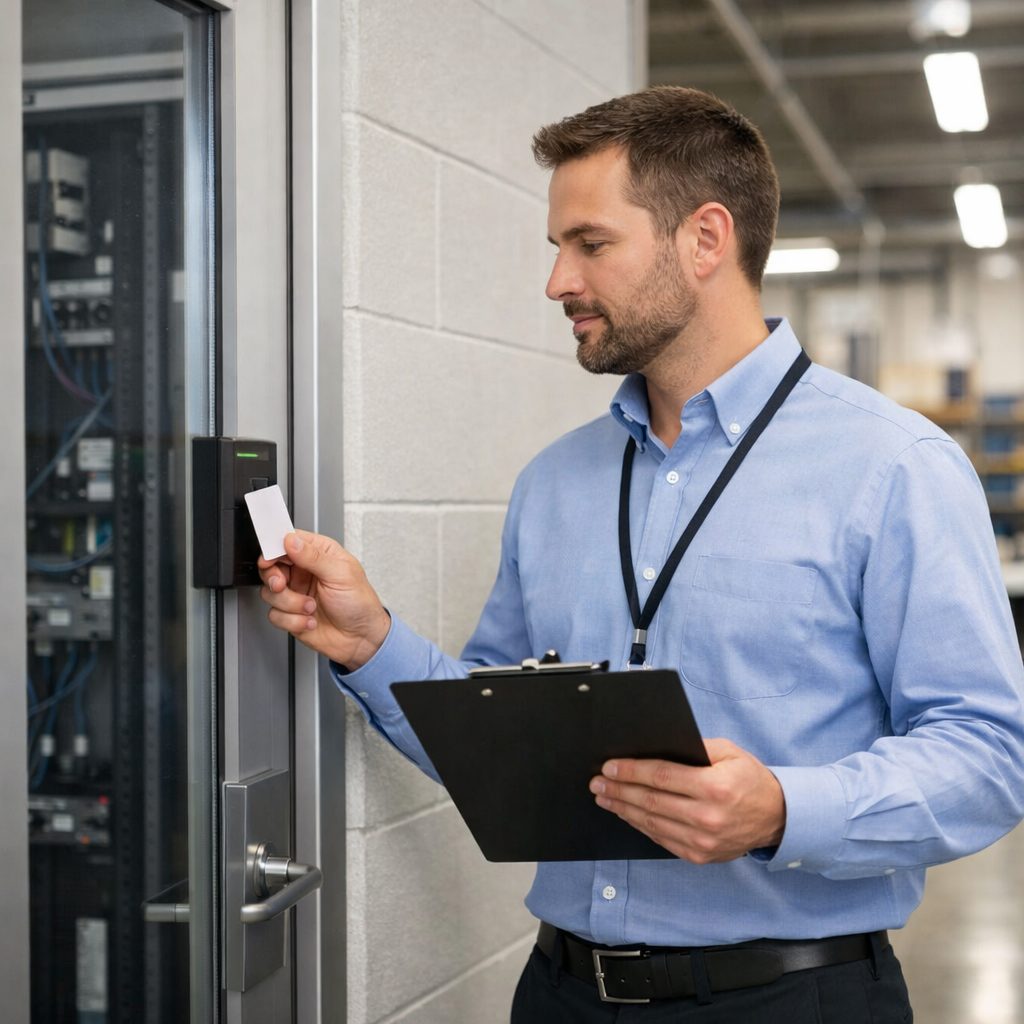 IT engineer checking a badge-access lock on a secured server room