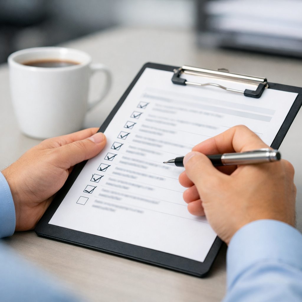 Hands completing a printed security readiness checklist on a clipboard